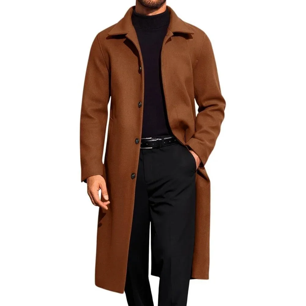 Men's Brown Long Trench Coat Single Breasted Casual Winter Warm Pea Coat